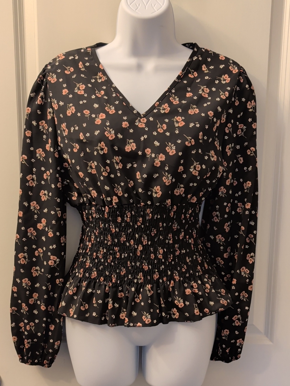 Black Floral V-Neck Smocked Waist Long-Sleeve Top
